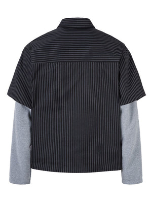 Fake Two Pieces Splicing Vertical Stripe Loose Long-sleeved Shirt