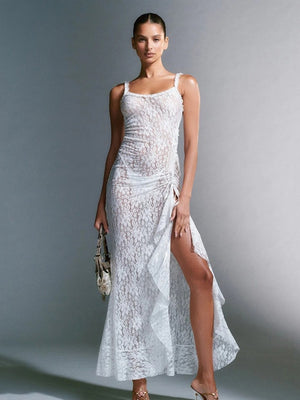 White Halter-neck Lace See-through Ruched Long Dress