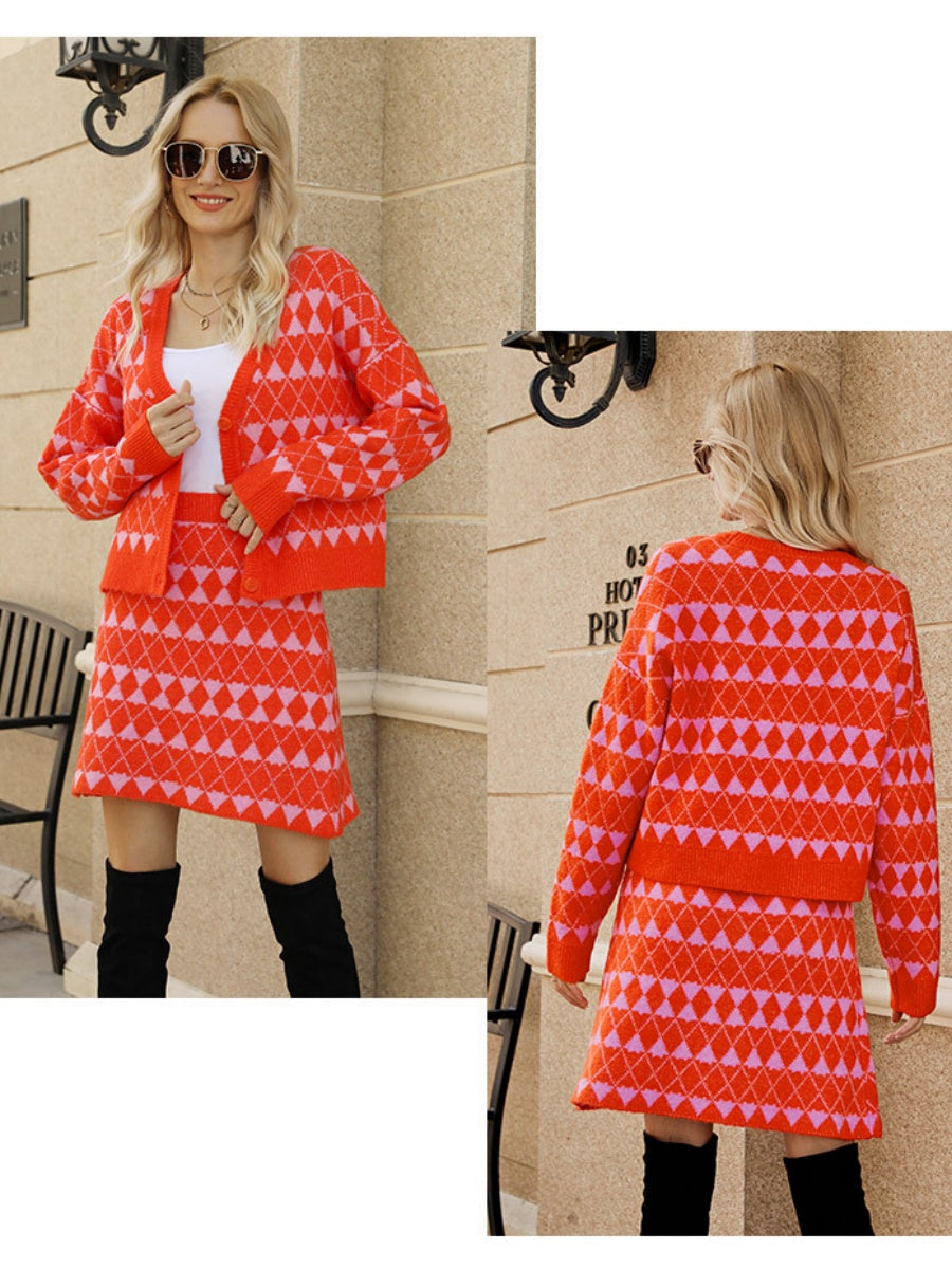 Liber Spring Women's Contrasting colors Diamond Two-piece suit V-neck cardigan A-line skirt Long sleeve