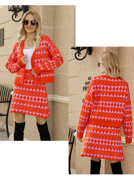 Liber Spring Women's Contrasting colors Diamond Two-piece suit V-neck cardigan A-line skirt Long sleeve