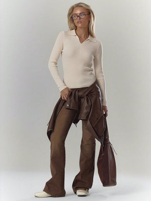 Ribbed Polo-Collar Wool-Blend Sweater