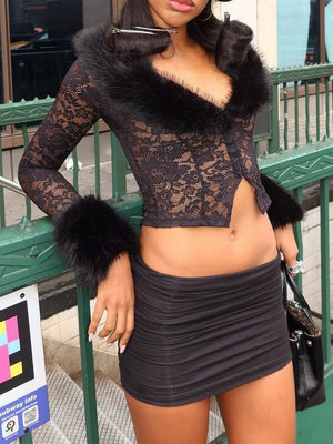 Lace Plush Long-sleeved Top And Short Skirt 2-piece Sets