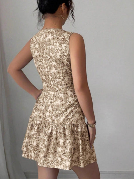 Bohemian Style French Elegance Floral Print Sleeveless Belted Short Dress