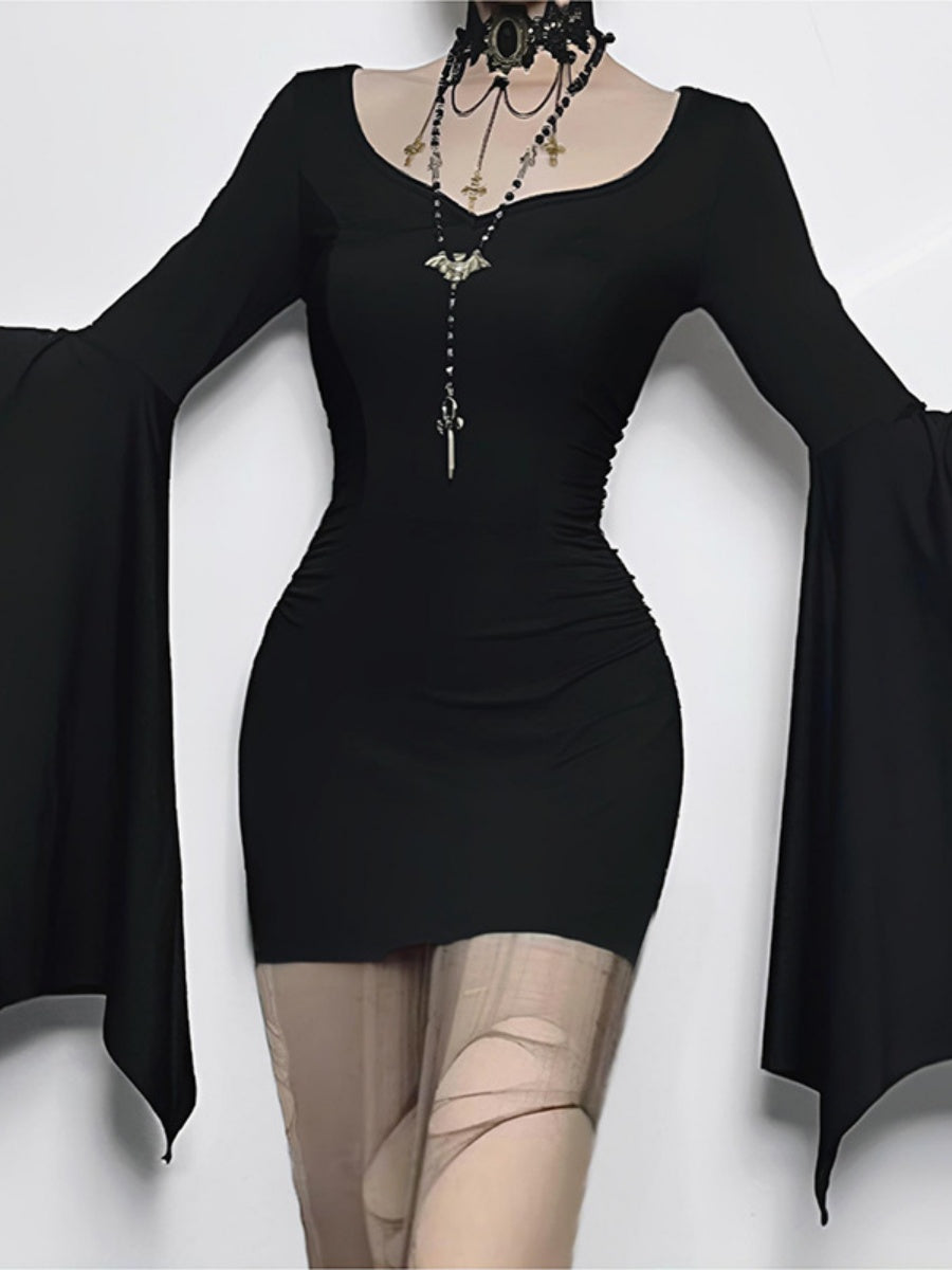 Halloween Batwing Sleeves Slim Fit Black Mini&Short Dresses