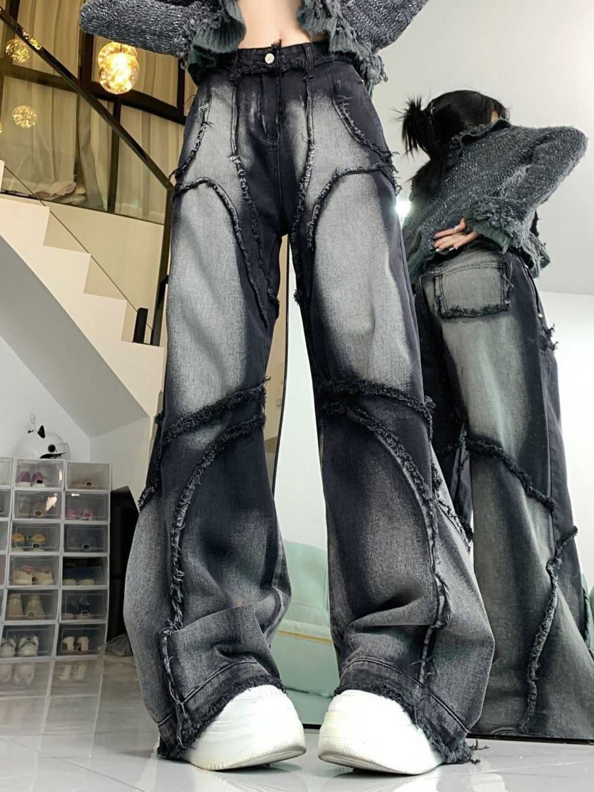 Y2k Black Wash Splicing Rough Edges Jeans