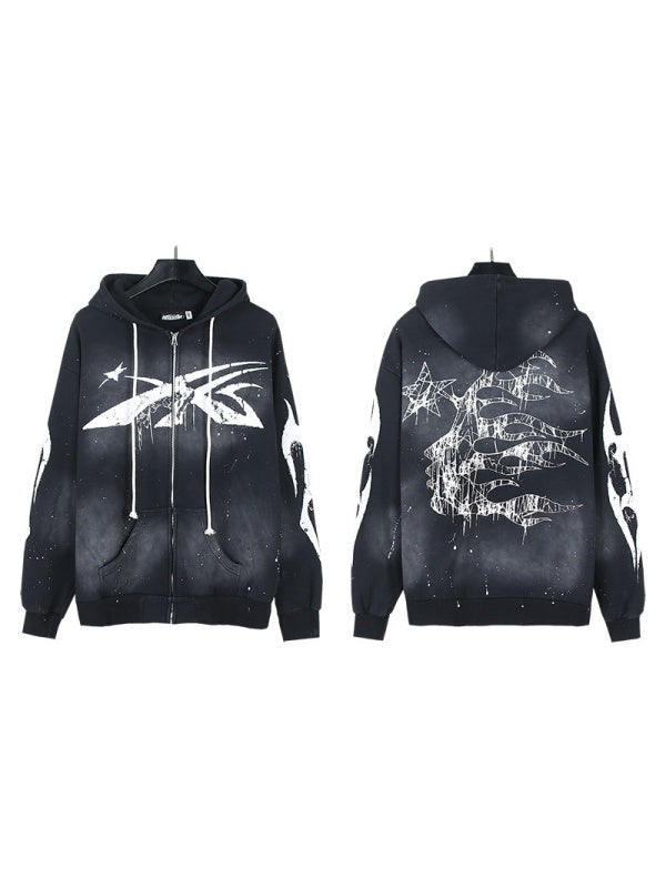 Washing Water Old Printed Zipper Hood Sweatshirt Trousers Set