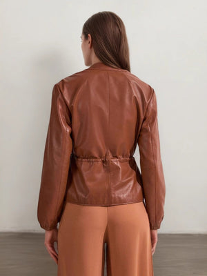 Liber Autumn women's pu leather lace-up pleated zipper jacket
