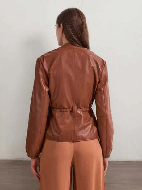 Liber Autumn women's pu leather lace-up pleated zipper jacket
