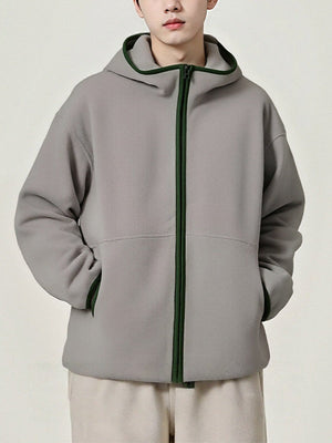 Fleece Contrasting Colors Plush Thickening Keep Warm Hooded Cardigan Jackets