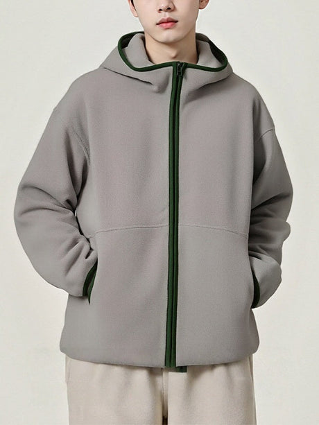 Fleece Contrasting Colors Plush Thickening Keep Warm Hooded Cardigan Jackets