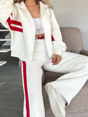 Stripes Zipper Top Wide-leg Pants Leisure Sports 2-piece Sets