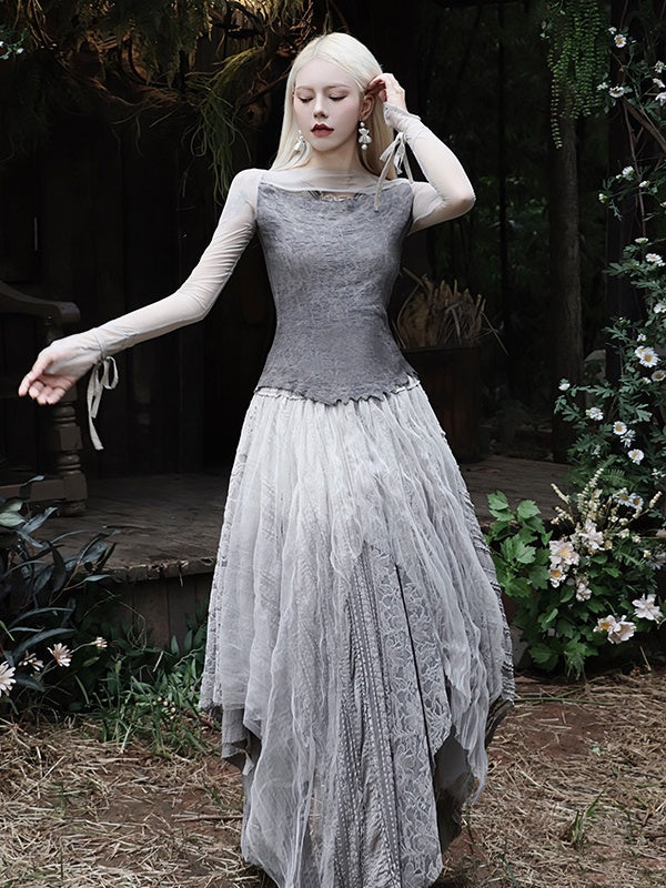 Textured Wool Knit Base Layer With Lace Sleeves