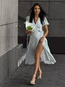 Pure Cotton Bandage Wrap-up Puff Sleeve Printed Comfort Maxi Dresses