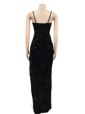Sequins Mesh Patchwork See-through Evening Gown Suspenders Maxi Dresses