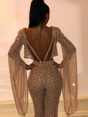Sequins Sexy Long Sleeve Backless Bodysuit