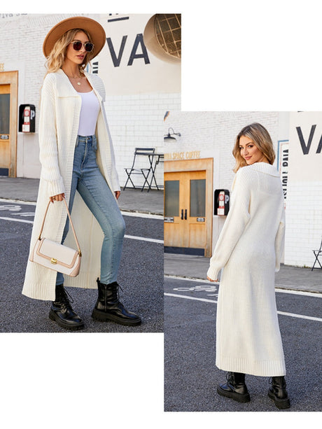 Liber Autumn Women's Plain stitch Lapel Long Cardigans Coat