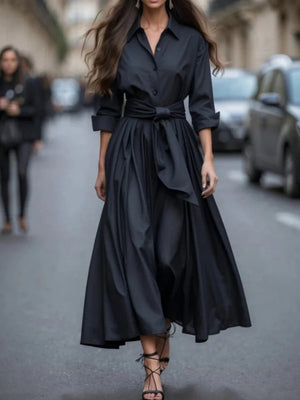 Long Sleeve Shirt Collar Solid Color Skirt Tie Maxi Dresses