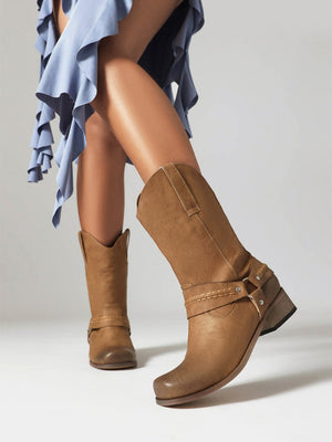 Distressed Low-heeled Western Cowboy Boots