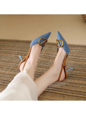 Liber Spring and Autumn Denim Metal Buckle Women's High Heels
