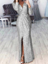 Deep V-neck Sparkly Waist-slimming Sequins Maxi Dresses