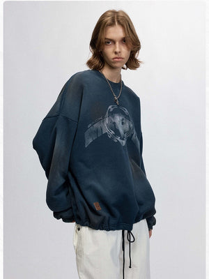 Plush Thickening Two-color Inkjet Printing Hem Drawstring Crew Neck Sweatshirt