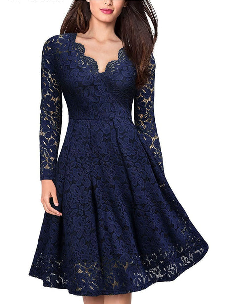 Christmas Long Sleeve Lace Solid Color Midi Dresses