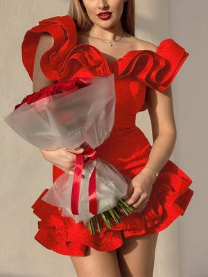 3D-Blumen, schulterfreies, trägerloses Top, plissierte Mini- und Kurzkleider zum Valentinstag