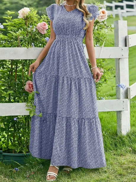 Floral Print V-neck Short Sleeve Maxi Dresses
