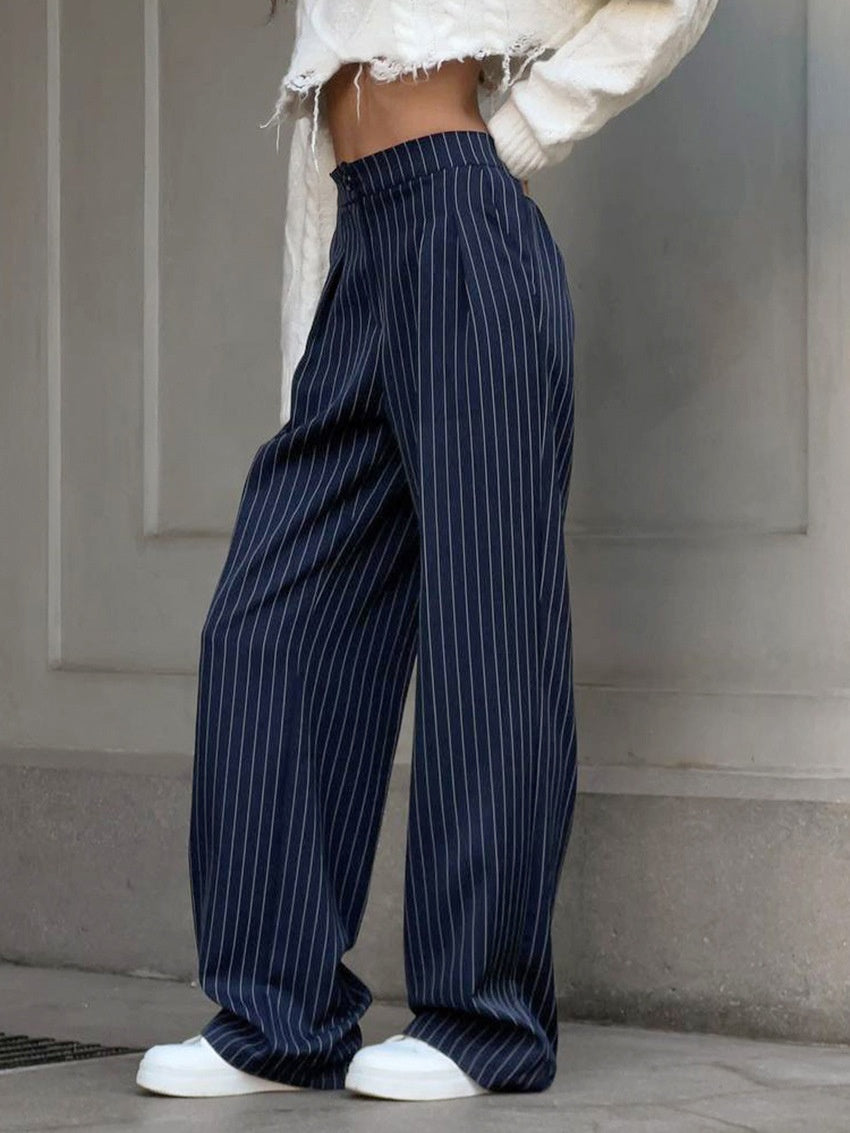 Navy Blue Retro-style Striped Casual Wide-leg Suit Trousers