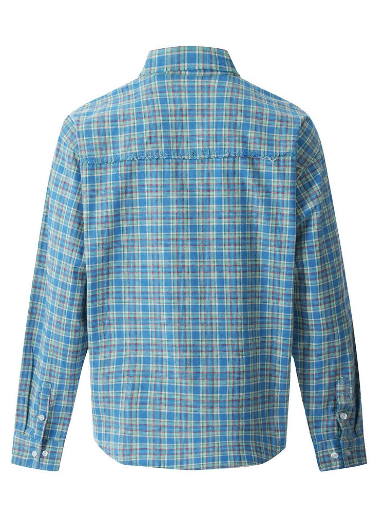 Small Grid Loose Splicing Raw Edges Plaid Long-sleeved Shirt