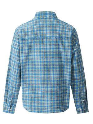 Small Grid Loose Splicing Raw Edges Plaid Long-sleeved Shirt
