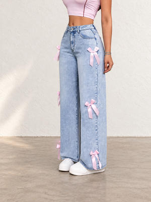 Women's Autumn/Winter High-Waisted Wide-Leg Jeans With Bow Decoration