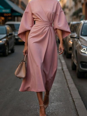 Batwing Sleeves Round Neck Tie High-waisted And Slimming Maxi Dresses