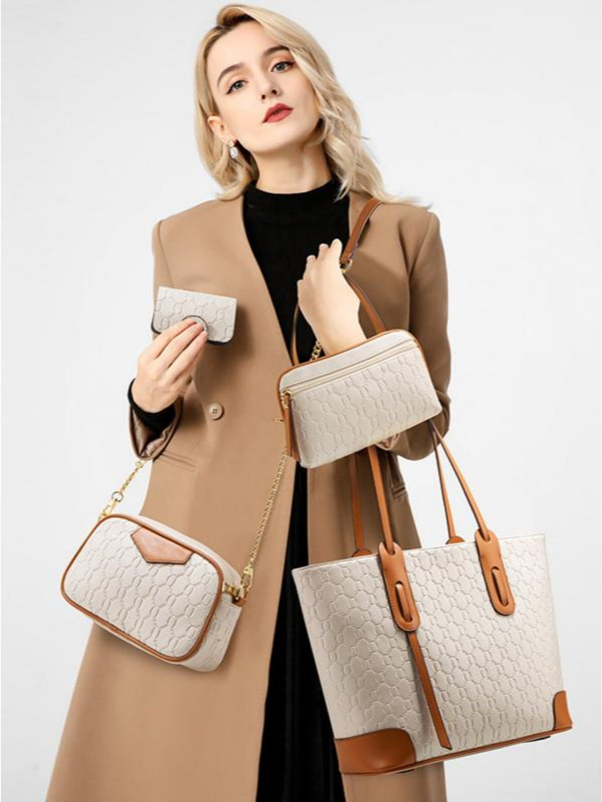 Trendy Embossed Tote Bag 4-Piece Set