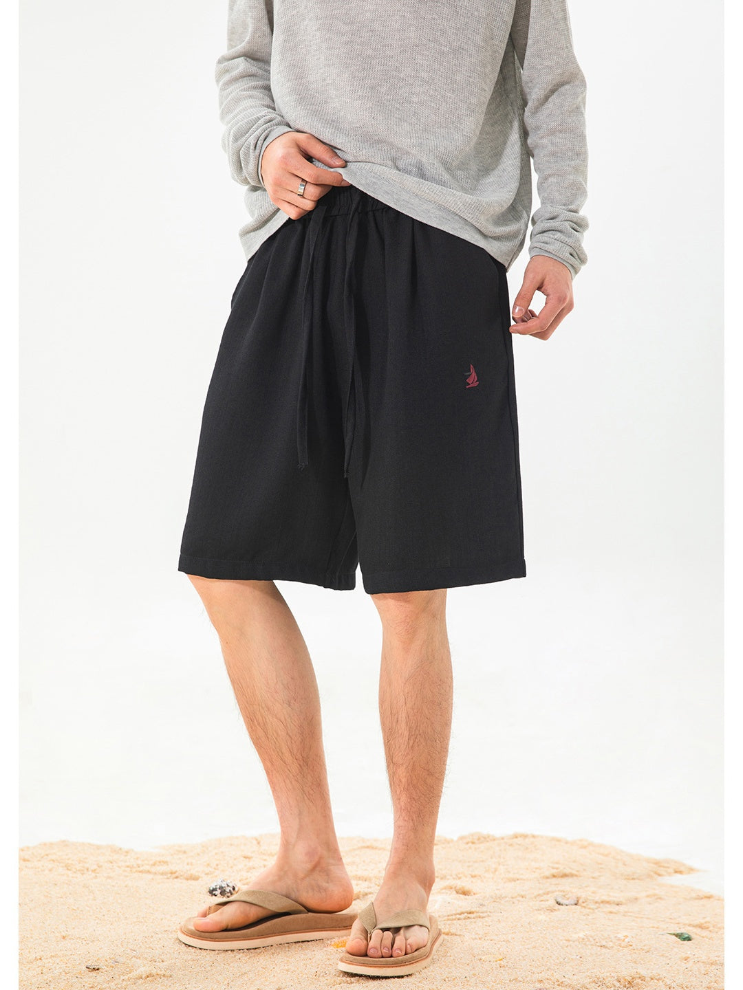 Imitation Linen Lightweight Color-blocked Embroidery Loose-fit Five Points Shorts