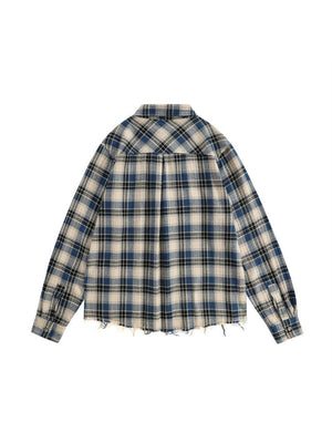 Contrasting Colors Plaid Loose Lapel Raw Edge Buttons Long-sleeved Shirt
