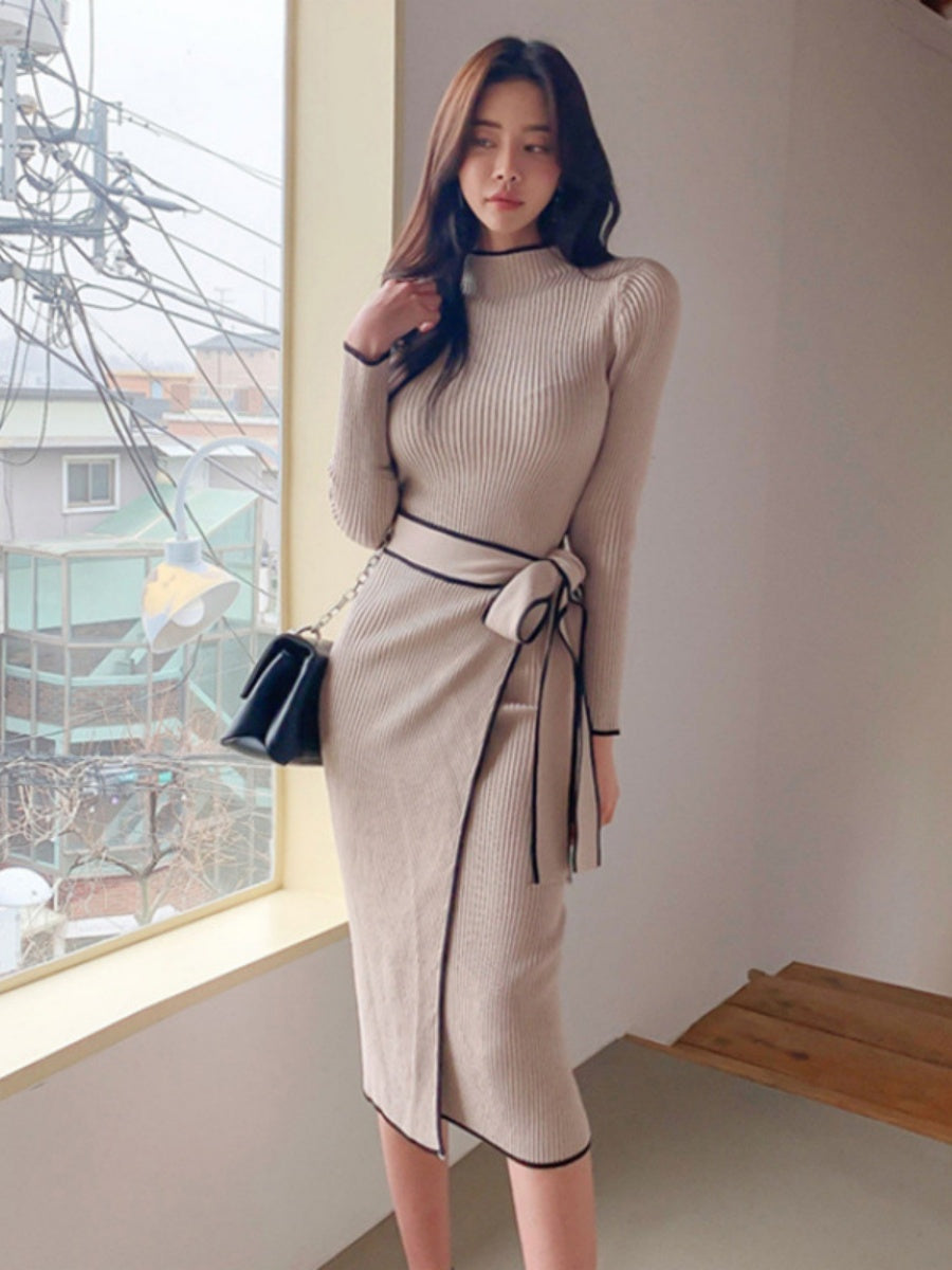 Autumn/Winter Retro Niche High-Neck Slim Fit Elegant Color Block Mid-Length Tie-Waist Knit Dress