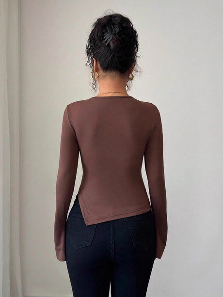 Asymmetrical Plain Weave On The Top Hollow Metal Decoration Slim Fit Slimming Everyday T-shirts