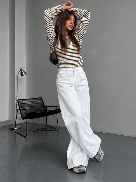 Retro Casual Style Round Neck Striped Drop Shoulder Batwing Sleeve Fitted Waist T-shirt