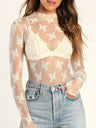 Lace See-through Sexy Mesh Mock Neck Long-sleeved Top