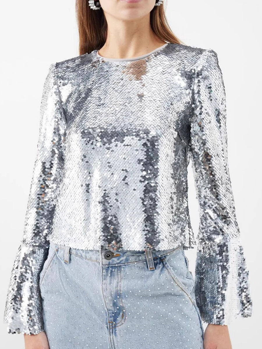 Silberne T-Shirts mit Rundhalsausschnitt, langen Ärmeln und kurzen ausgestellten Ärmeln