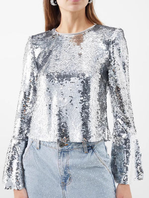 Silberne T-Shirts mit Rundhalsausschnitt, langen Ärmeln und kurzen ausgestellten Ärmeln