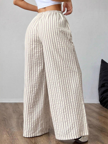 Apricot Striped Elastic Waist Striped Casual Straight Leg Trousers