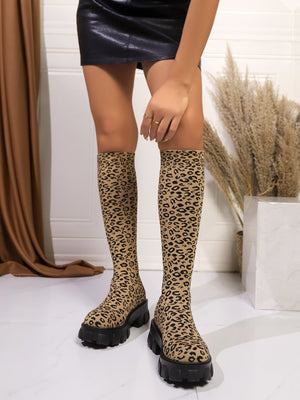 Leopard Print Knee-high Boots, Women's Sock Boots