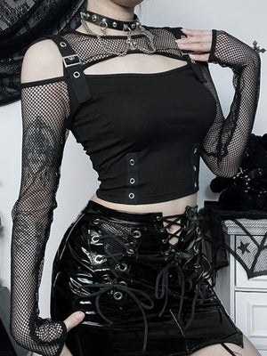 Y2K Hollow Out Off-shoulder Grid Splicing Long-sleeved T-shirt