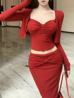 [Three-piece Set Including Bra Pads] Stunning Red Cardigan Camisole Skirt Set