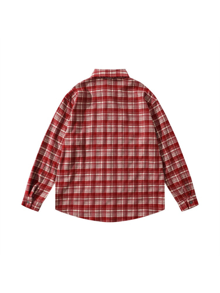 Loose Plaid Cross Beading Long-sleeved Shirt