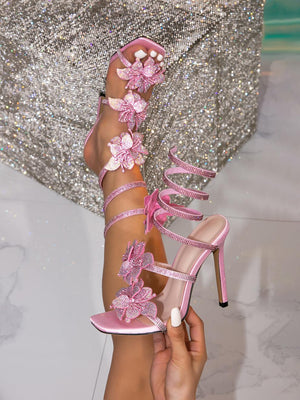 One-strap Snake-shaped Rhinestone Flower Stiletto High-heeled Sexy Sandals