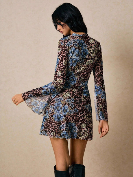 Straight Skirt With Blended Round Neck Mesh Trumpet Long Sleeve Fashion Slim Fit A-pendulum Printed Short Dress