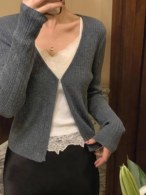 Wool V Single-button Short Knit Cardigan